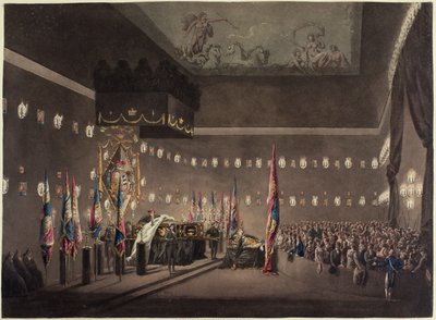 Remains of Lord Viscount Nelson Laying in State in the Painted Chamber at Greenwich Hospital, Engraved by M. Merigot, 1806 by Augustus Charles Pugin